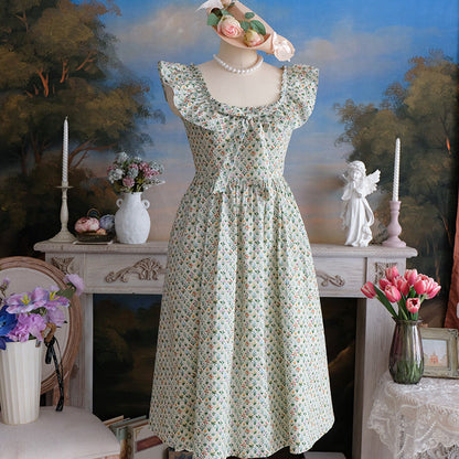 Floral Square Neck Ruffled Sleeveless Dress