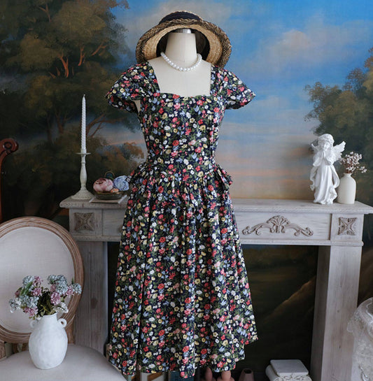 Black Flower Print Square Neck Ruffled Dress