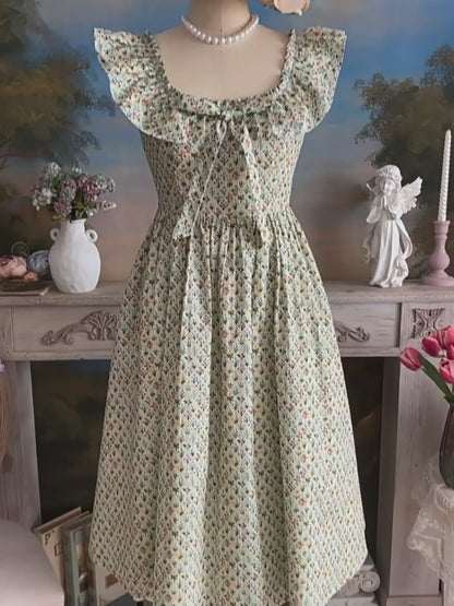 Floral Square Neck Ruffled Sleeveless Dress